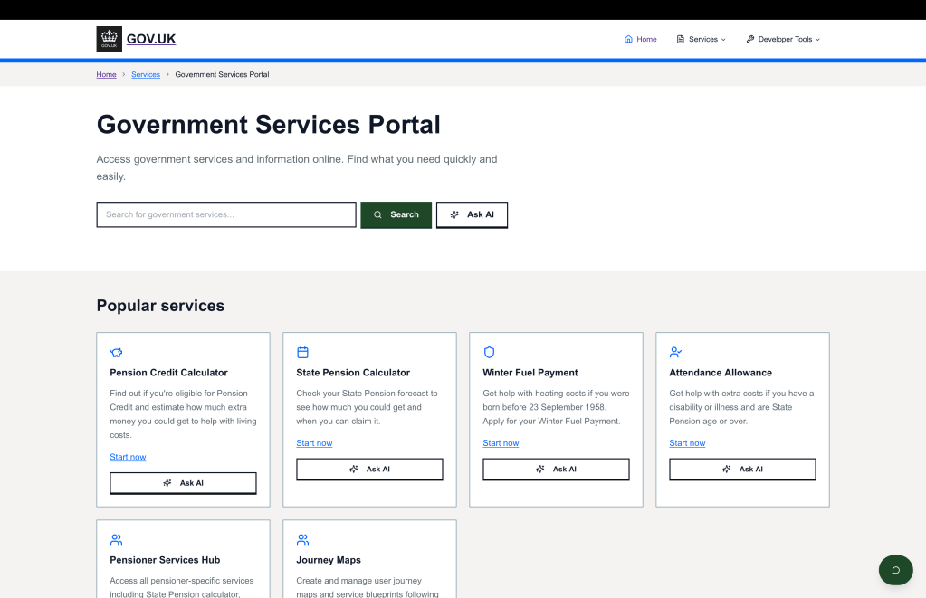 Landing page of a prototype with AI agents used in GOV.UK
