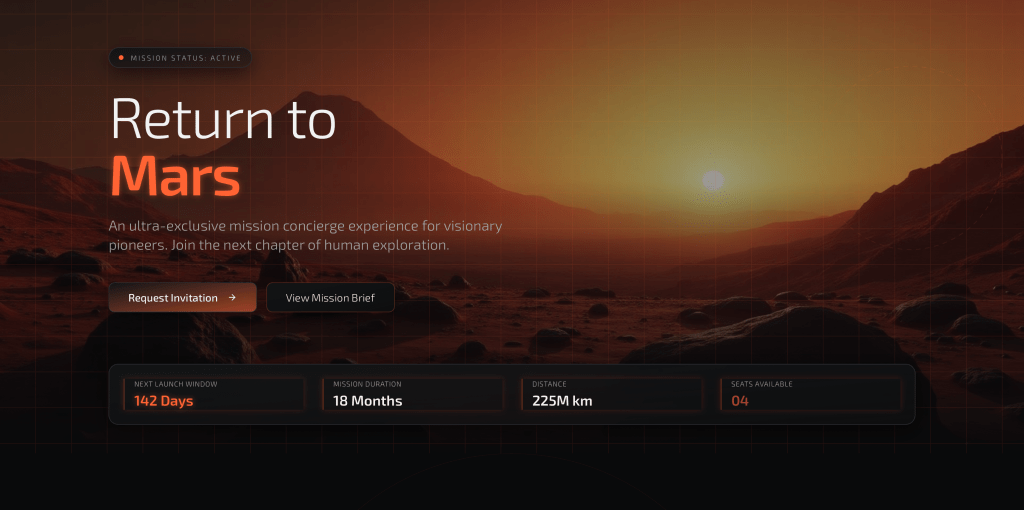 Landing page of booking page to go to mars
